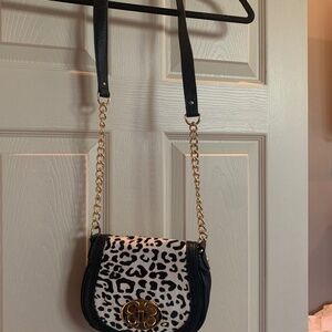 Emma Fox Black/Leopard Print Leather/Animal Hair Small Crossbody Handbag